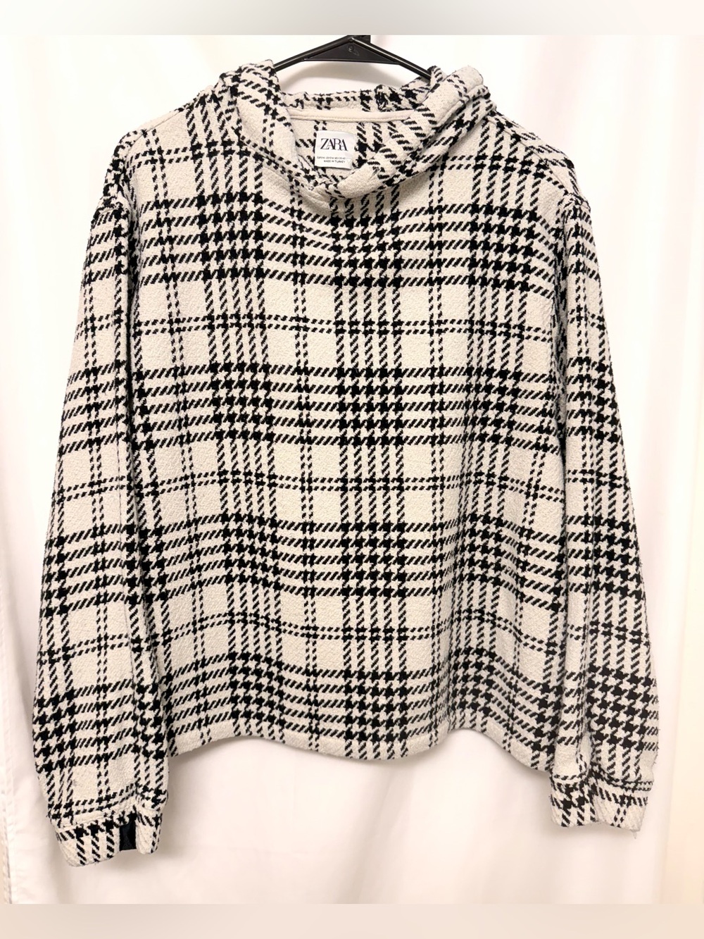 Zara Textured Plaid Cowl Neck Sweater | Black & Cream | Size S/M